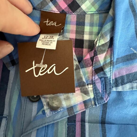 Tea Collection Boys Blue Plaid Collared Shirt One Piece Romper 12-18 Month New - Picture 2 of 5